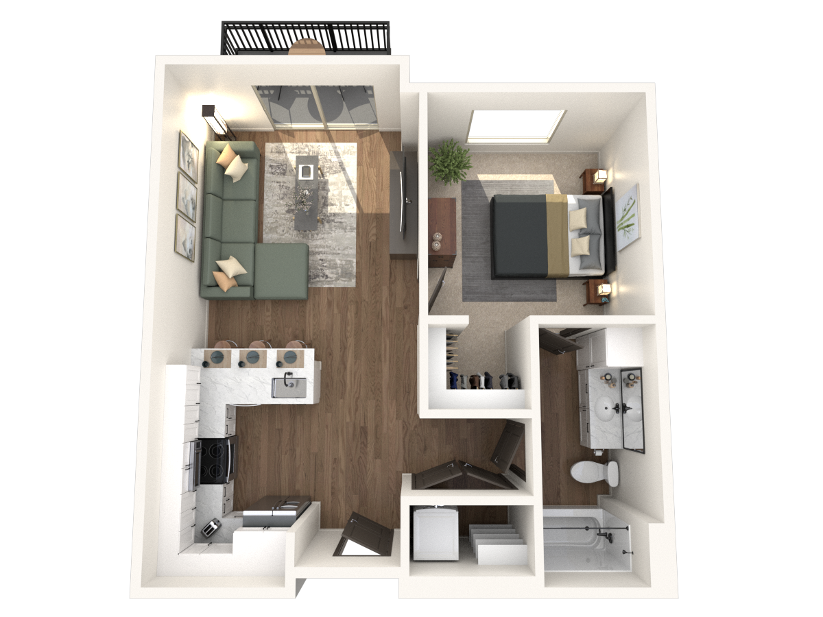 Floor plan for 1 bed, 1 bath, 652 sqft